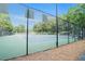 Outdoor tennis court with a black chain-link fence and pine needle landscaping at 265 Lee River Cv, Suwanee, GA 30024