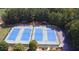 An aerial view showcases the community's tennis courts with manicured landscaping, lighting and fencing at 265 Lee River Cv, Suwanee, GA 30024
