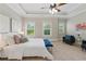 Spacious bedroom with tray ceiling, ceiling fan, three windows, and a cozy seating area at 2828 Broughton Se Ln, Atlanta, GA 30339