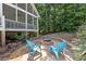 A cozy backyard fire pit with chairs sits on a brick patio, surrounded by lush landscaping and the screened-in porch at 5178 Stefan Ridge Way, Buford, GA 30519