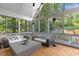 Outdoor screened-in patio with ample seating, heaters, and view of natural surroundings at 5178 Stefan Ridge Way, Buford, GA 30519