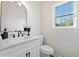 Updated half bathroom with a stylish vanity, toilet, and plenty of natural light at 139 Thunder Ridge Ln, Acworth, GA 30101