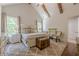 Bright bedroom with vaulted ceiling, wood beams, and large windows overlooking a wooded yard at 124 White Oak Trl, Cumming, GA 30028