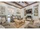 Comfortable living room features wood beam ceiling, fireplace, built-in shelving, and gray sofas at 124 White Oak Trl, Cumming, GA 30028