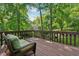 A deck with wood railing and a cushioned wicker chair overlooking a private backyard with mature trees at 1679 Summit Place Way, Loganville, GA 30052