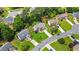 Aerial view of a neighborhood showcasing manicured lawns, mature trees, and traditional homes at 8045 Depford Way, Cumming, GA 30041