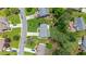 Aerial view of a landscaped yard with green grass, mature trees, and neighboring homes on a sunny day at 8045 Depford Way, Cumming, GA 30041