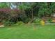 Green backyard featuring mature trees, landscaping, decorative stone, and a wooden fence at 8045 Depford Way, Cumming, GA 30041