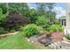 Lush backyard featuring mature trees, landscaping, ornamental shrubs, and a stone-lined flower bed at 8045 Depford Way, Cumming, GA 30041