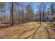 Large backyard with mature trees and a detached blue house, offering privacy and space at 410 Fitzgerald Ln, Fayetteville, GA 30215