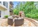 Outdoor patio with stone fireplace and comfortable wicker furniture for outdoor relaxation at 1575 Petal Nw Pt, Kennesaw, GA 30152