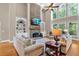 Inviting living room with stone fireplace, built-in shelving, and expansive windows offering scenic views at 1311 Cobblemill Nw Way, Kennesaw, GA 30152