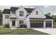 Charming two-story home featuring a white brick facade, black trim windows, and a two-car garage with carriage doors at 3629 Centerville Rosebud Rd, Snellville, GA 30039