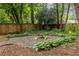 Backyard featuring exterior of home and a fire pit surrounded by lush greenery at 1424 Van Epps Se Ave, Atlanta, GA 30316