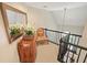 Upstairs hallway with carpet, railing, desk, chair, mirror, flowers and stair access at 1328 Amberwood Dr, Woodstock, GA 30189