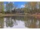 A serene pond reflects the surrounding trees and sky, creating a tranquil and picturesque setting at 1878 Copelyn Reese Court (Lot 169), Lawrenceville, GA 30043
