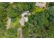 Expansive aerial view of the property featuring a pool, multiple garages, and surrounded by lush greenery at 5401 Rosser Rd, Tucker, GA 30087