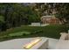 A luxurious backyard features a putting green, pool, and a modern outdoor fireplace with ample seating at 4560 Harris Trl, Atlanta, GA 30327