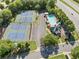 Aerial view showcases a sparkling swimming pool, tennis courts, a clubhouse, and ample parking at 2346 Unicoi Ct, Duluth, GA 30097