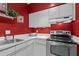 Kitchen featuring stainless steel appliances, white cabinetry, and a bright red accent wall at 1421 Peachtree Ne St # 212, Atlanta, GA 30309
