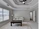 Spacious bedroom featuring a tray ceiling, carpeted floor, and ample natural light from windows at 595 Stonepark Ln, Suwanee, GA 30024