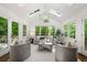 Bright and airy living room with vaulted ceiling, skylights, and a wall of windows overlooking the backyard at 893 Vistavia Cir, Decatur, GA 30033