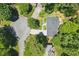 Aerial view of the property showcasing the landscaped lot, driveway, and surrounding neighborhood at 1850 Linnet Ne Ct, Roswell, GA 30075
