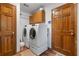 Laundry room including a full-size washer and dryer and storage cabinets at 1850 Linnet Ne Ct, Roswell, GA 30075