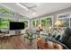 Bright living room with hardwood floors, skylight and several windows viewing the backyard at 1850 Linnet Ne Ct, Roswell, GA 30075