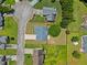 An aerial view highlights the neatly landscaped yard and surroundings of this home and its cul-de-sac at 3020 River Oak Mews, Decatur, GA 30034