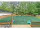 Lush backyard with artificial turf, a covered patio, and mature trees, perfect for outdoor entertaining and relaxation at 110 W Putnam Ferry Rd, Woodstock, GA 30189