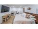 Spacious main bedroom with sleek desk, mounted TV and plank wall accent at 110 W Putnam Ferry Rd, Woodstock, GA 30189