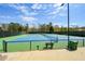 Well-maintained community tennis court featuring a green and blue surface, surrounded by trees and fencing at 502 Helene Ct, Woodstock, GA 30188