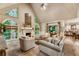 Spacious living room with fireplace, vaulted ceilings, and views of the backyard at 3275 Lord N Lady Ln, Alpharetta, GA 30022