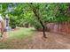 Private backyard features a lush lawn, mature trees, and a wooden fence for added privacy at 4515 Ambassador Way, Cumming, GA 30040