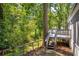 Wooden deck with stairs in a serene backyard, framed by tall trees and natural landscaping at 6235 Akins Way, Cumming, GA 30041