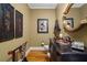 Half bathroom with artistic decor, hardwood floors, and dark colored vanity at 3902 Butterstream Way, Kennesaw, GA 30144