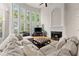 A bright living room featuring soaring windows, a fireplace, and comfortable seating at 2100 Willshire Gln, Alpharetta, GA 30009