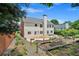 Wide angle of the backyard with garden beds, a stone patio, and mature landscaping at 2372 Oberon Se Walk, Smyrna, GA 30080