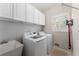 Functional laundry room with white cabinets and modern washer and dryer at 2026 Cresthaven Walk, Woodstock, GA 30189
