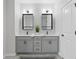 Bright bathroom featuring double sinks, square mirrors, modern lighting, and gray vanity cabinets at 6460 Cortland Walk, Alpharetta, GA 30005