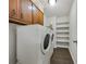 Convenient laundry room with appliances, storage shelves, and decorative wallpaper at 20 Shadow Creek Dr, Villa Rica, GA 30180