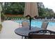 Community pool area with lounge chairs and tables under shade umbrellas, surrounded by greenery at 4875 Carre Way, Alpharetta, GA 30022