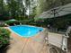 Relaxing pool area with chairs, table and umbrella, surrounded by mature trees and greenery at 2671 Club Forest Se Ct, Conyers, GA 30013