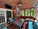 Enclosed patio showcasing brick accent wall, TV, table, comfortable furniture, and view of the backyard and pool at 2671 Club Forest Se Ct, Conyers, GA 30013