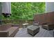 Cozy outdoor deck area with comfortable wicker furniture and privacy fence at 541 Lantern Wood Dr, Scottdale, GA 30079