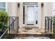 Inviting front entrance with stone steps, black iron railing, glass door, and elegant sidelights at 2280 Wildwood Lake Dr, Suwanee, GA 30024