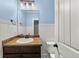 Powder room with granite countertop, vanity and wainscoting at 90 Alcovy Reserve Way, Covington, GA 30014