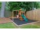 Wooden play set with swings and a slide in a fenced in yard at 1217 Club Walk Ne Dr, Brookhaven, GA 30319