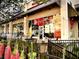 Outdoor patio with tables and chairs at a restaurant with large windows and decorative hanging flowers at 878 Peachtree Ne St # 634, Atlanta, GA 30309